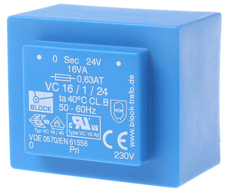 Block - VC 16/1/24 - Block ͨ PCB ѹ VC 16/1/24, 230V acѹ, 24V acμѹ, 16VA, 50  60 HzΧ		
