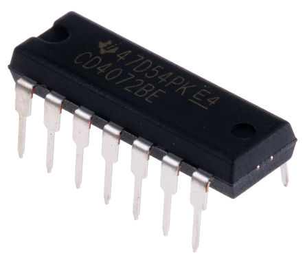 Texas Instruments - CD4072BE - Texas Instruments CD4072BE 2个 4输入 OR 逻辑门, CMOS输出, 4.2mA, 3 → 18 V电源, 14引脚 PDIP封装		