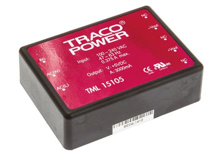 TRACOPOWER - TML 15105 - TRACOPOWER 15W  ǶʽģʽԴ SMPS TML 15105, 85  264 V ac, 85  370 V dc, 5V dc, 3A		