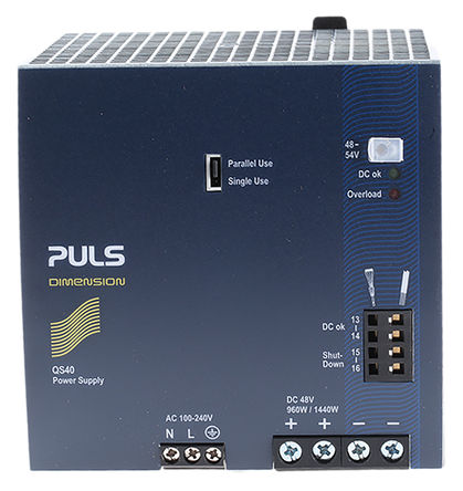 PULS - QS40.481 - PULS Q ϵ 960W DIN Դ QS40.481, 95%Ч, 240V ac, 20A, 54V dc 48V dc/		