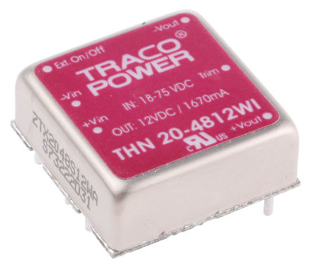 TRACOPOWER - THN 20-4812WI - TRACOPOWER THN 20WI ϵ 20W ʽֱ-ֱת THN 20-4812WI, 18  75 V ֱ, 12V dc, 1.67A, 1.5kV dcѹ, 89%Ч		