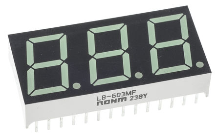 ROHM - LB-603MF - ROHM 3字符 7段 共阳 绿色 LED 数码管 LB-603MF, 25 mcd, 右侧小数点, 14.2mm高字符, 通孔安装		