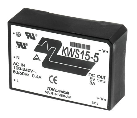 TDK-Lambda - KWS 15 5 - TDK-Lambda 15W  ǶʽģʽԴ SMPS KWS 15 5, 110  340 V dc, 85  265 V ac, 5V, 3A, 73%Ч, ܷװ		
