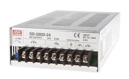 RS Pro - SD-200D-24 - RS Pro 200W ʽֱ-ֱת SD-200D-24, 72  144 V ֱ, 24V dc, 8.4A, 1.5kV acѹ, 84%Ч		