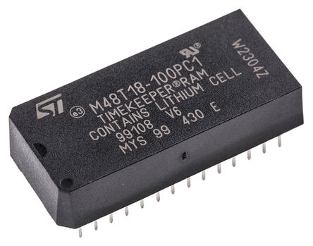 STMicroelectronics - M48T18-100PC1 - STMicroelectronics M48T18-100PC1 实时时钟 (RTC), 备用电池、日历、芯片取消选择、转移、写入保护功能, 8192B RAM, 并行总线, 4.5 → 5.5 V电源, 28引脚		