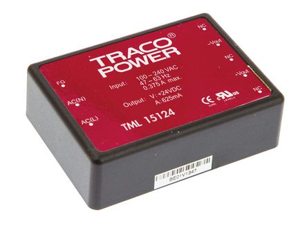 TRACOPOWER - TML 15124 - TRACOPOWER 15W  ǶʽģʽԴ SMPS TML 15124, 85  264 V ac, 85  370 V dc, 24V dc, 625mA		