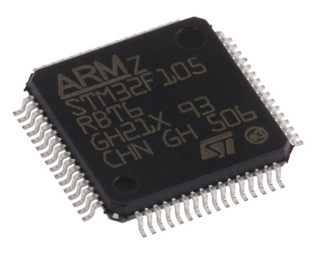 STMicroelectronics - STM32F105RBT6 - STMicroelectronics STM32F ϵ 32 bit ARM Cortex M3 MCU STM32F105RBT6, 72MHz, 128 kB ROM , 64 kB RAM, 1xUSB, LQFP-64		