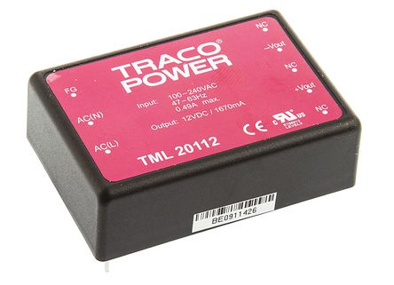 TRACOPOWER - TML 20112 - TRACOPOWER 20W  ǶʽģʽԴ SMPS TML 20112, 100  375 V dc, 90  264 V ac, 12V dc, 1.67A		