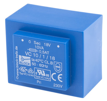 Block - VC 10/1/18 - Block ͨ PCB ѹ VC 10/1/18, 230V acѹ, 18V acμѹ, 10VA, 50  60 HzΧ		