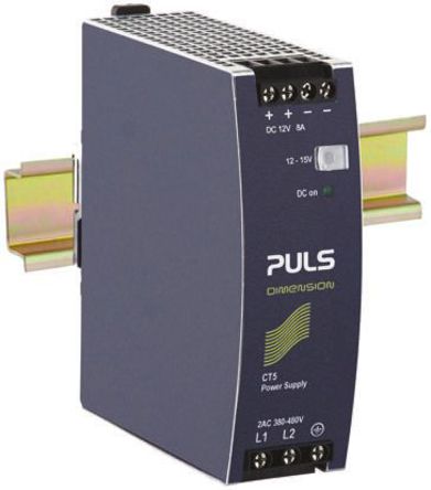 PULS - CT5.121 - PULS 96W ģʽ DIN 尲װԴ 2 Phase, Din Rail PSU, 12V, 8A, 85.4 %, 85.8 %Ч, 480V ac, 8A, 15V dc 12V dc/		