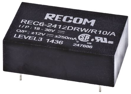 Recom - REC6-2412DRW/R10/A - Recom REC6 ϵ 6W ʽֱ-ֱת REC6-2412DRW/R10/A, 18  36 V ֱ, 12V dc, 250mA, 10kVѹ, 82%Ч, DIP 24װ		