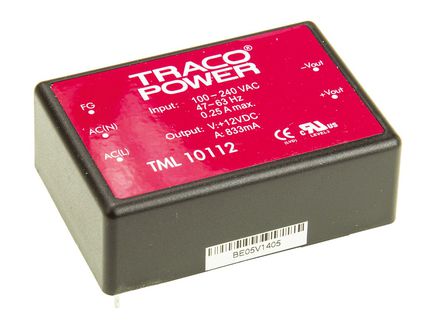 TRACOPOWER - TML 10112 - TRACOPOWER 10W  ǶʽģʽԴ SMPS TML 10112, 85  264 V ac, 85  370 V dc, 12V dc, 833mA		