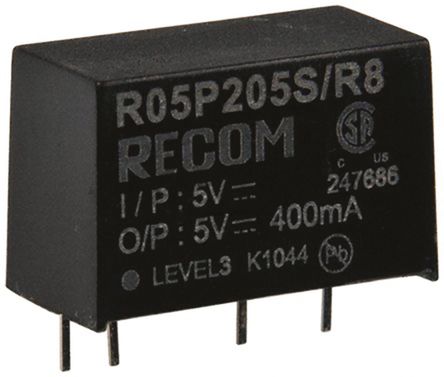 Recom - R12P205S/R8 - Recom 2W ʽֱ-ֱת R12P205S/R8, 5V dc, 400mA, 8kV dcѹ, 79  84%Ч, SIPװ		