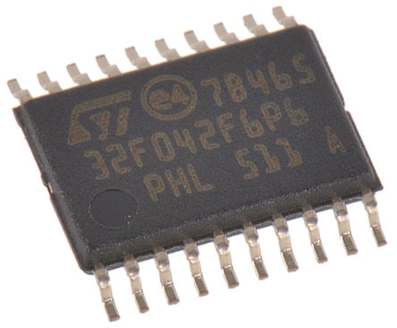 STMicroelectronics - STM32F042F6P6 - STM32F ϵ STMicroelectronics 32 bit ARM Cortex M0 MCU STM32F042F6P6, 48MHz, 32 kB ROM , 6 kB RAM, 1xUSB, TSSOP-20		