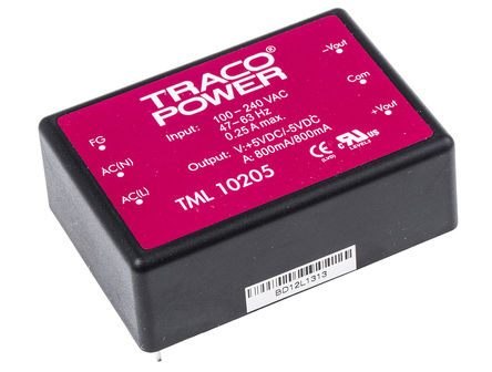 TRACOPOWER - TML 10205 - TRACOPOWER 10W 2 ǶʽģʽԴ SMPS TML 10205, 85  264 V ac, 85  370 V dc, 5V dc, 800mA		