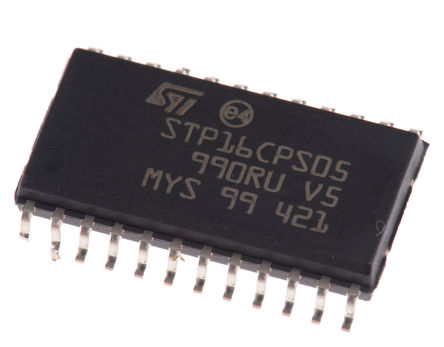 STMicroelectronics - STP16CPS05MTR - STMicroelectronics LED 驱动器集成电路 STP16CPS05MTR, 3 → 5.5 V 交流输入, 最大为 20 V输出, 100mA输出, SO-24		