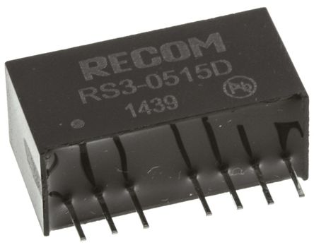 Recom - RS3-0515D - Recom RS3 ϵ 3W ʽֱ-ֱת RS3-0515D, 4.5  9 V ֱ, 15V dc, 100mA, 500V acѹ, SIPװ		