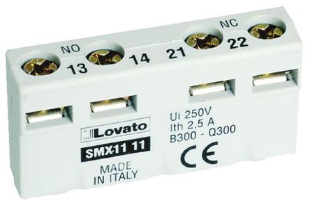 Lovato - 11SMX1120 - Lovato 前面安装 辅助接触块 11SMX1120, 螺钉接端, 2 常开, 2.5 A, 250 V		
