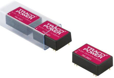 TRACOPOWER - THI 0521 - TRACOPOWER THI 系列 2W 隔离式直流-直流转换器 THI 0521, 4.5 → 5.5 V 直流输入, ±12V dc输出, 80mA输出, 2.5kV隔离电压, 57%效能, DIP 24，PDIP封装		