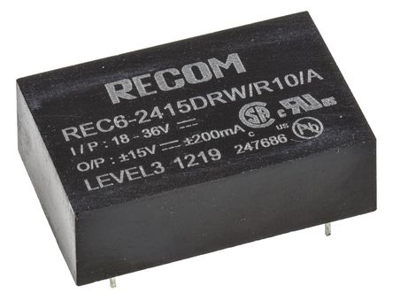 Recom - REC6-2415DRW/R10/A - Recom REC6 ϵ 6W ʽֱ-ֱת REC6-2415DRW/R10/A, 18  36 V ֱ, 15V dc, 200mA, 10kVѹ, 83%Ч, DIP 24װ		