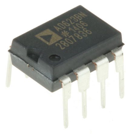 Analog Devices - AD623BNZ - Analog Devices AD623BNZ 仪表放大器, 0.1mV偏置, 800kHz, 轨至轨输出, 2.7 → 12 V电源, 8引脚 PDIP封装		