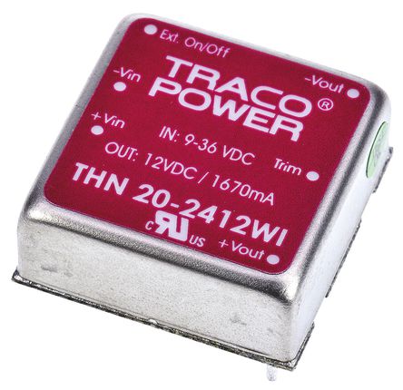TRACOPOWER - THN 20-2412WI - TRACOPOWER THN 20WI ϵ 20W ʽֱ-ֱת THN 20-2412WI, 9  36 V ֱ, 12V dc, 1.67A, 1.5kV dcѹ, 89%Ч		