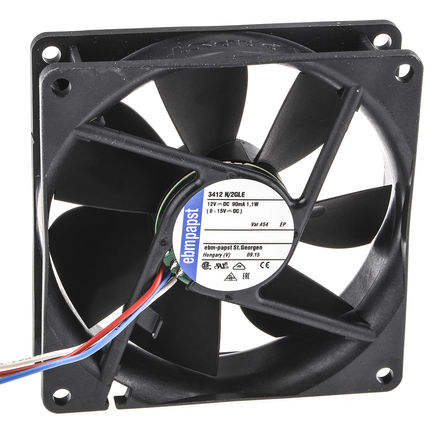 ebm-papst - 3412N/2GLE-454 - ebm-papst 3400N 系列 1.1W 12 V 直流 轴流风扇 3412 N/2GLE-454, 61m3/h, 1950rpm, 92 x 92 x 25mm		