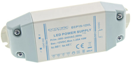 RS Pro - ECP15-12VL - RS Pro LED  ECP15-12VL, 200  240 V, 12V, 0  1.25A, 15W		