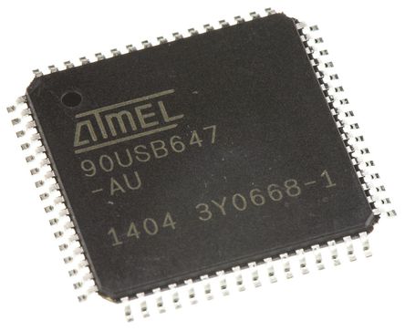 Microchip - AT90USB647-AU - Microchip AT90 ϵ 8 bit AVR MCU AT90USB647-AU, 20MHz, 2 kB64 kB ROM , 4 kB RAM, 1xUSB, TQFP-64		
