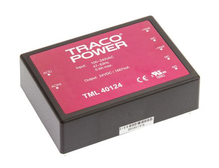 TRACOPOWER - TML 40124 - TRACOPOWER 40W  ǶʽģʽԴ SMPS TML 40124, 100  375 V dc, 90  264 V ac, 24V dc, 1.667A		