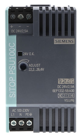 Siemens - 6EP1332-5BA00 - Siemens 60W ģʽ DIN 尲װԴ 6EP1332-5BA00, 87%Ч, 264V ac, 2.5A, 24V dc 24V dc/		