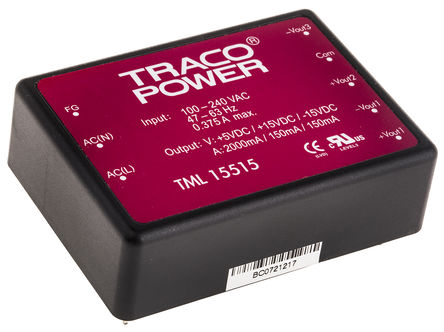 TRACOPOWER - TML 15515 - TRACOPOWER 15W 3 ǶʽģʽԴ SMPS TML 15515, 85  264 V ac, 85  370 V dc, 5 V dc, 15 V dc		