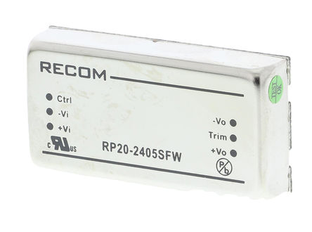 Recom - RP20-2405SFW - Recom RP20 FW ϵ 20W ʽֱ-ֱת RP20-2405SFW, 9  36 V ֱ, 5V dc, 4A, 1.6kVѹ, 86%Ч		