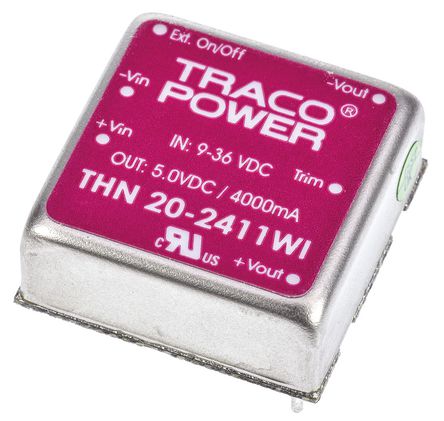 TRACOPOWER - THN 20-2411WI - TRACOPOWER THN 20WI ϵ 20W ʽֱ-ֱת THN 20-2411WI, 9  36 V ֱ, 5V dc, 4A, 1.5kV dcѹ, 89%Ч		