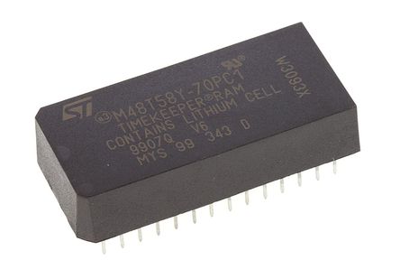 STMicroelectronics - M48T58Y-70PC1 - STMicroelectronics M48T58Y-70PC1 实时时钟 (RTC), 备用电池、日历、芯片取消选择、转移、写入保护功能, 8192B RAM, 并行总线, 4.5 → 5.5 V电源, 28引脚		