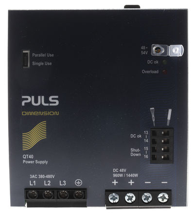 PULS - QT40.481 - PULS Q ϵ 960W ģʽ DIN 尲װԴ 3 Phase, Din Rail PSU, 48V, 20A, 95.2 %, 95.4 %Ч, 480V ac, 20A, 54V dc 48V dc/		
