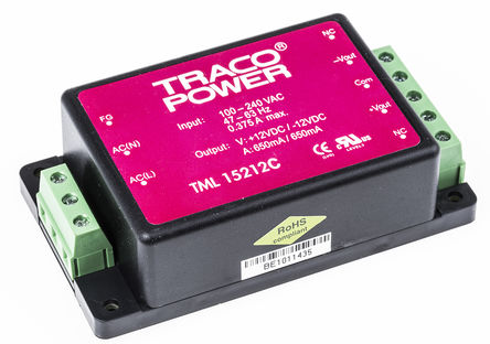 TRACOPOWER - TML 15212C - TRACOPOWER 15W 2 ǶʽģʽԴ SMPS TML 15212C, 85  264 V ac, 85  370 V dc, 12V dc, 650mA		