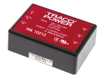 TRACOPOWER - TML 10212 - TRACOPOWER 10W 2 ǶʽģʽԴ SMPS TML 10212, 85  264 V ac, 85  370 V dc, 12V dc, 380mA		