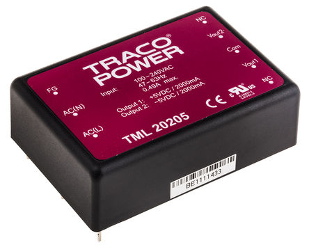 TRACOPOWER - TML 20205 - TRACOPOWER 20W 2 ǶʽģʽԴ SMPS TML 20205, 100  375 V dc, 90  264 V ac, 5V dc, 2A		