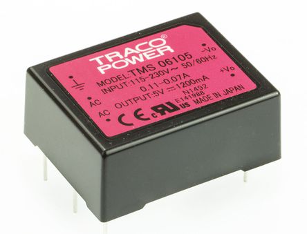 TRACOPOWER - TMS 06105 - TRACOPOWER 6W  ǶʽģʽԴ SMPS TMS 06105, 110  375 V dc, 85  264 V ac, 5V dc, 1.2A, 78%Ч, ܷװ		