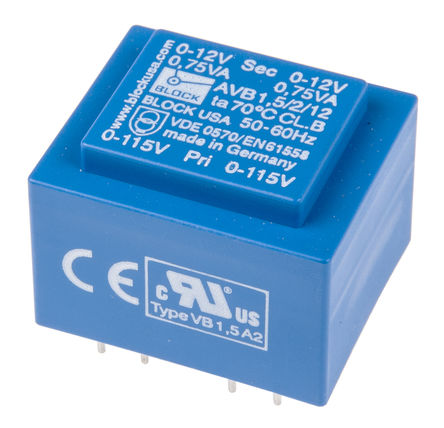 Block - AVB1.5/2/12 - Block 2 ͨ PCB ѹ, 115V ac, 230V acѹ, 12V acμѹ, 1.5VA, 50  60 HzΧ		