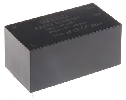 Recom - RAC10-05SC/277 - Recom 10W  ǶʽģʽԴ SMPS RAC10-05SC/277, 80  305V ac, 5V dc, 2A, 78%Ч, ܷװ		
