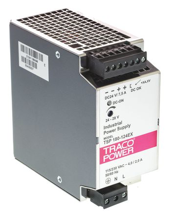 TRACOPOWER - TSP 180-124 EX - TRACOPOWER 180W ģʽ DIN 尲װԴ TSP 180-124 EX, 87%Ч, 132V ac, 7.5A, 28V dc 24V dc/		