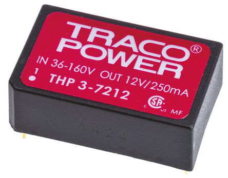 TRACOPOWER - THP 3-7212 - TRACOPOWER THP 3 ϵ 3W ʽֱ-ֱת THP 3-7212, 36  160 V ֱ, 12V dc, 125mA, 4kVѹ, 83%Ч, DIP 24װ		