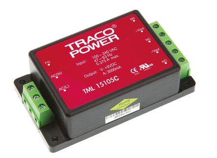TRACOPOWER - TML 15105C - TRACOPOWER 15W  ǶʽģʽԴ SMPS TML 15105C, 85  264 V ac, 85  370 V dc, 5V dc, 3A		