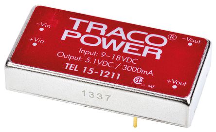 TRACOPOWER - TEL 15-1211 - TRACOPOWER TEL 15 ϵ 15W ʽֱ-ֱת TEL 15-1211, 9  18 V ֱ, 5.1V dc, 3A, 1.5kV dcѹ, 1 x 2 inװ		