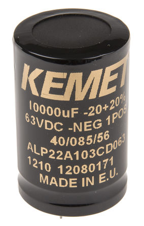 KEMET - ALP22A103CD063 - KEMET ALP22 ϵ 63 V ֱ 10000F ͨ  ALP22A103CD063, -10  +30%ݲ, 38 m @ 100 kHz(ֵ), +85C		