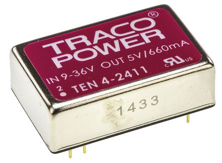 TRACOPOWER - TEN 4-2411 - TRACOPOWER TEN 4 ϵ 4W ʽֱ-ֱת TEN 4-2411, 9  36 V ֱ, 5V dc, 660mA, 1.5kV dcѹ, 81%Ч, DIP 24װ		