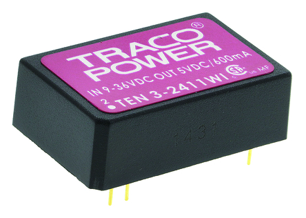 TRACOPOWER - TEN 3-2411WI - TRACOPOWER TEN 3WI ϵ�� 3W ����ʽֱ��-ֱ��ת���� TEN 3-2411WI, 9 �� 36 V ֱ������, 5V dc���, 600mA���, 1.5kV dc�����ѹ, 79%Ч��		