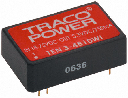 TRACOPOWER - TEN 3-4810WI - TRACOPOWER TEN 3WI ϵ 3W ʽֱ-ֱת TEN 3-4810WI, 18  75 V ֱ, 3.3V dc, 750mA, 1.5kV dcѹ, 76%Ч		